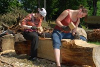 Dwie uczennice siedzą okrakiem na dużym pniu drzewa i rzeźbią. Akcja rozgrywa się w terenach zielonych szkoły w 2008 roku podczas II Warsztatów Rzeźbiarskich w upalny, czerwcowy dzień. Kliknięcie w miniaturkę obrazka spowoduje wyświetlenie powiększonego zdjęcia.