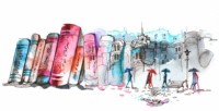 Kolorowa grafika przedstawiająca ludzi z parasolami spacerującymi w deszczu. W tle budynki i duże książki ustawione pionowo, jak domy. Kliknięcie w miniaturkę obrazka spowoduje wyświetlenie powiększonego zdjęcia.