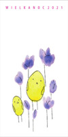 Karta świąteczna, żółte jajka i niebieskie kwiatki.