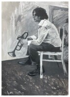 Młody mężczyzna siedzi z trąbką. Rysunek Agaty Kołtun. Kliknięcie w miniaturkę obrazka spowoduje wyświetlenie powiększonego zdjęcia.