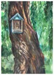 Mała kapliczka z Matką Boską z dzieciątkiem zawieszona na drzewie. Kliknięcie w miniaturkę obrazka spowoduje wyświetlenie powiększonego zdjęcia.