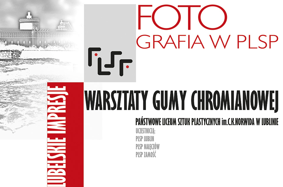 Plakat informacyjny o warsztatach z grafiką w tle - Zamek Lubelski w Lublinie.