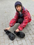 Dziewczyna głaszcze koty na ulicy. Kliknięcie w miniaturkę obrazka spowoduje wyświetlenie powiększonego zdjęcia.